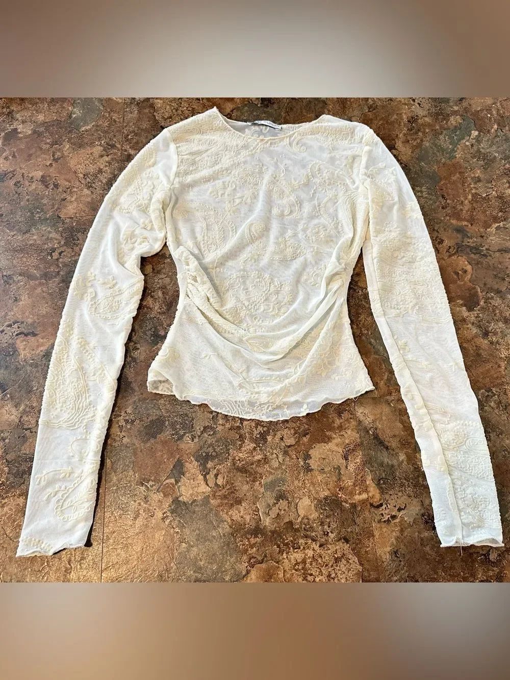 Bershka Ivory Sheer Mesh Paisley Flocked Ruched Long Sleeve Top Small